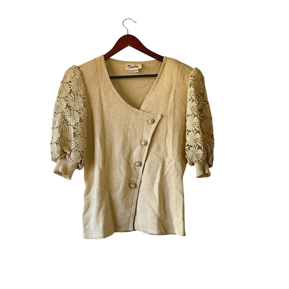 Vintage Gold Metallic Knit Lace Puff Sleeve Asymmetrical Pearl Button Top 10